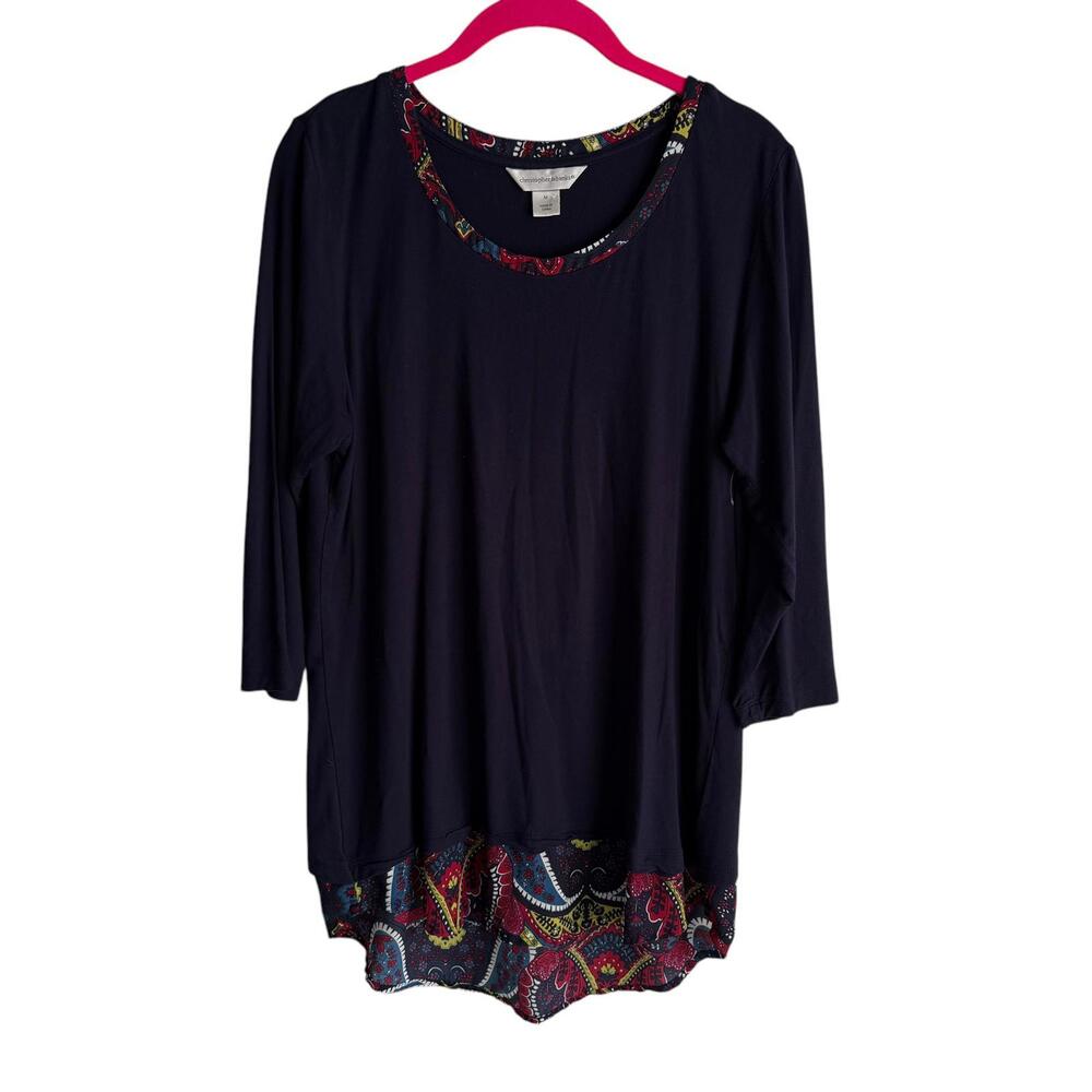 CHRISTOPHER & BANKS Navy Blue Mixed Media 3/4 Sleeve Ladies Top, M
